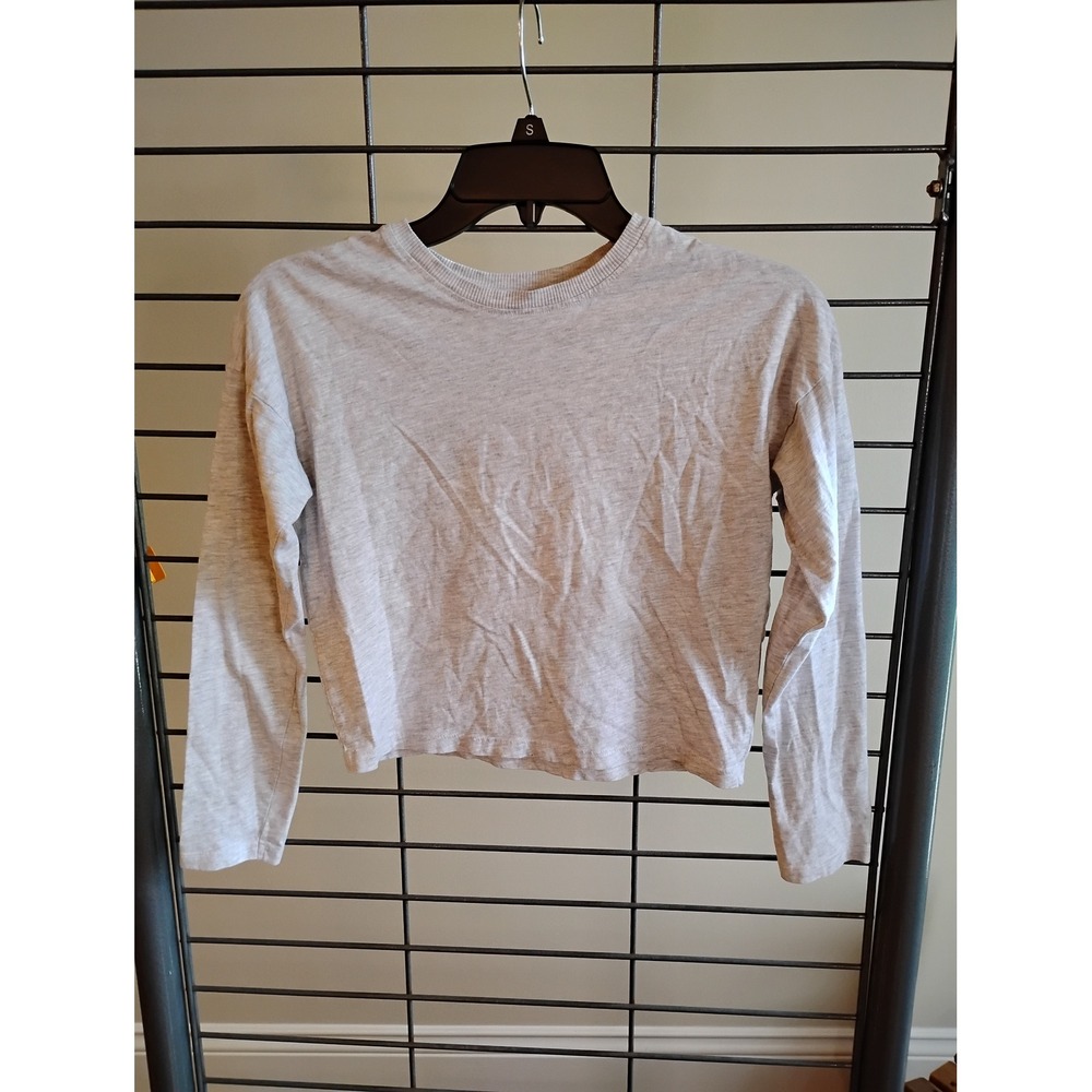 H&M Heather Gray Long Sleeve Cropped T-Shirt Crew Neck Basic Cotton Blend S 8/10